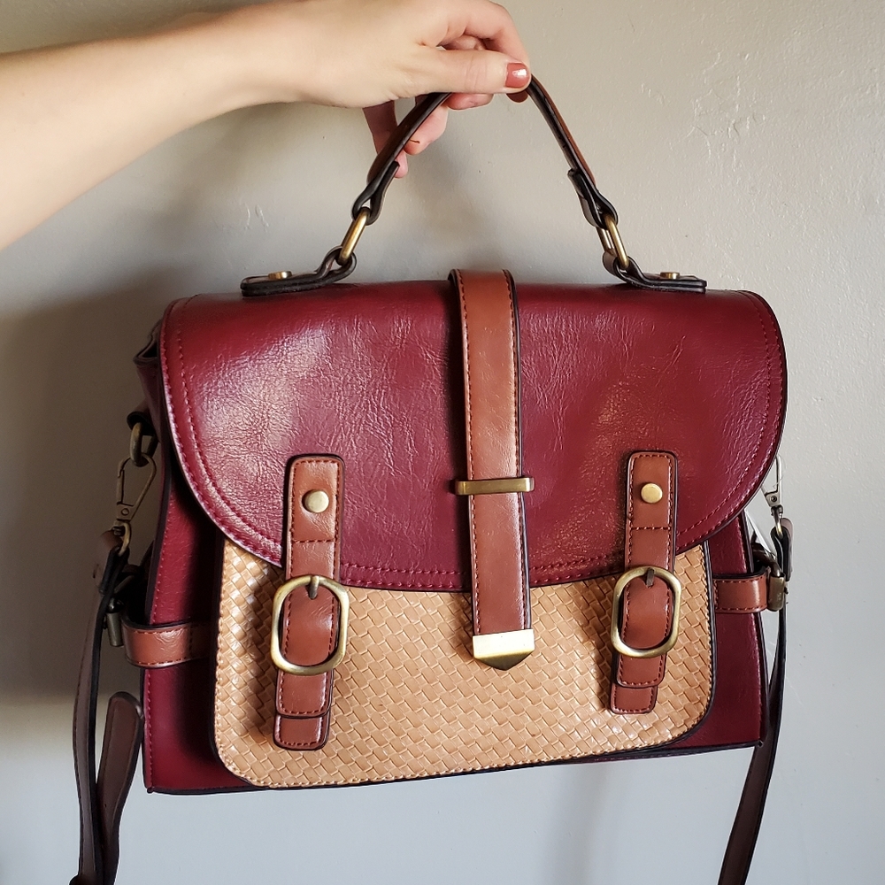 Modcloth Authentically Academic Red Leather Satchel Cross Body Bag Purse